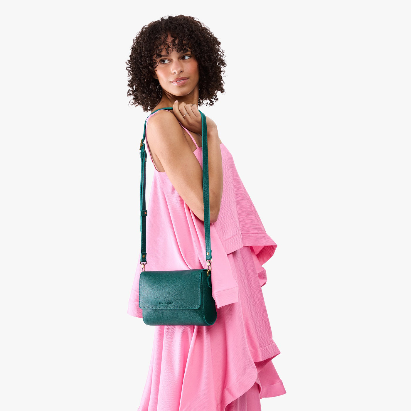 Sea Glass*Medium | Model Wearing Leather Crossbody Bag with Magnetic Messenger Bag Closure
