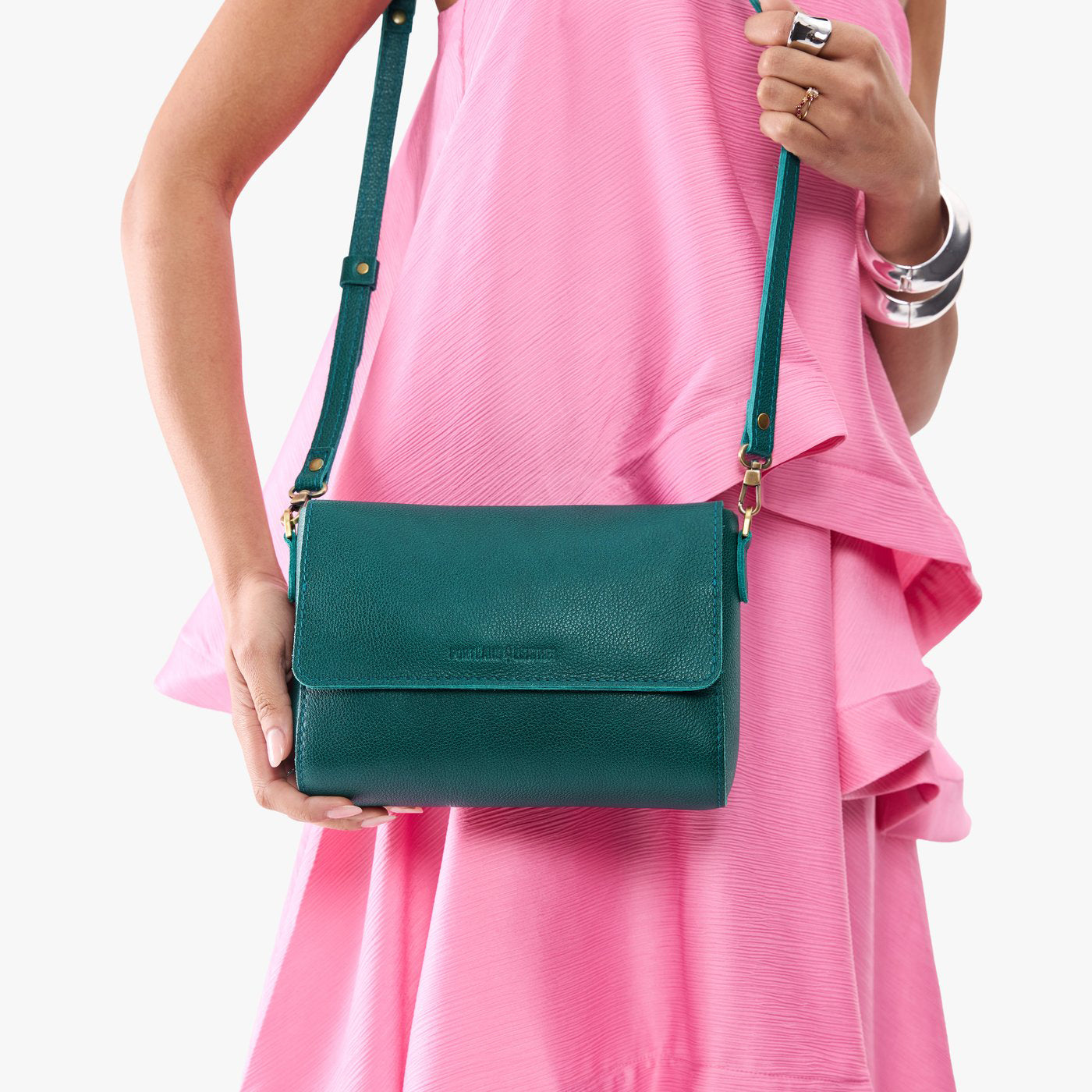 Sea Glass*Medium | Model Wearing Leather Crossbody Bag with Magnetic Messenger Bag Closure