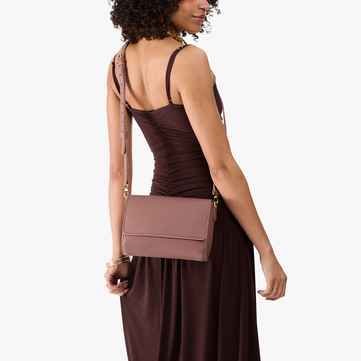 Sunkissed*Medium | Model Wearing Leather Crossbody Bag with Magnetic Messenger Bag Closure