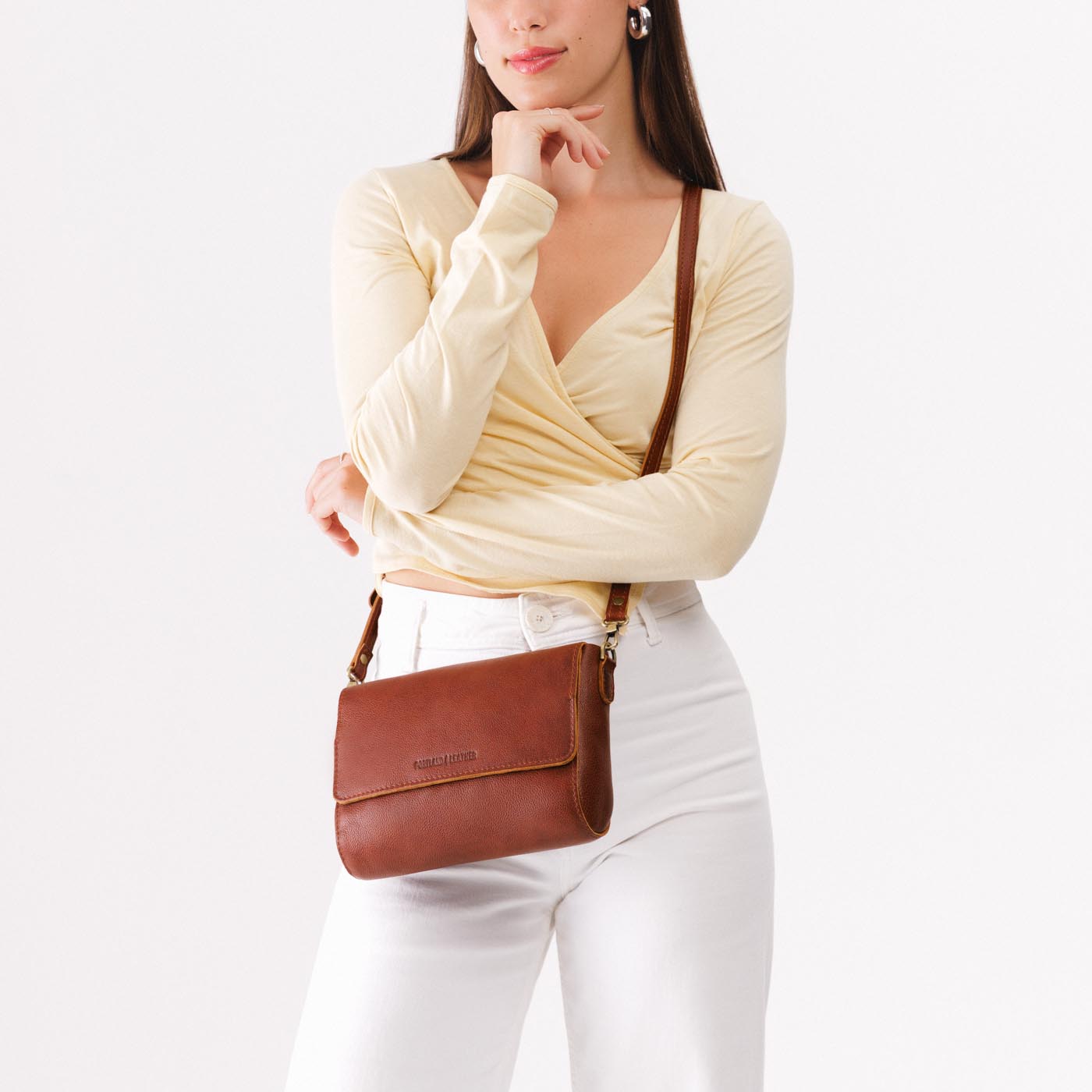 Nutmeg*Medium | Model Wearing Leather Crossbody Bag with Magnetic Messenger Bag Closure