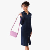 Calla Lily Mini | Model Wearing Small Leather Crossbody Bag with Magnetic Messenger Bag Closure