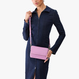 Calla Lily Mini | Model Wearing Small Leather Crossbody Bag with Magnetic Messenger Bag Closure