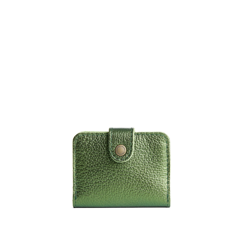 Metallic Greench | Small leather bifold wallet with snap closed