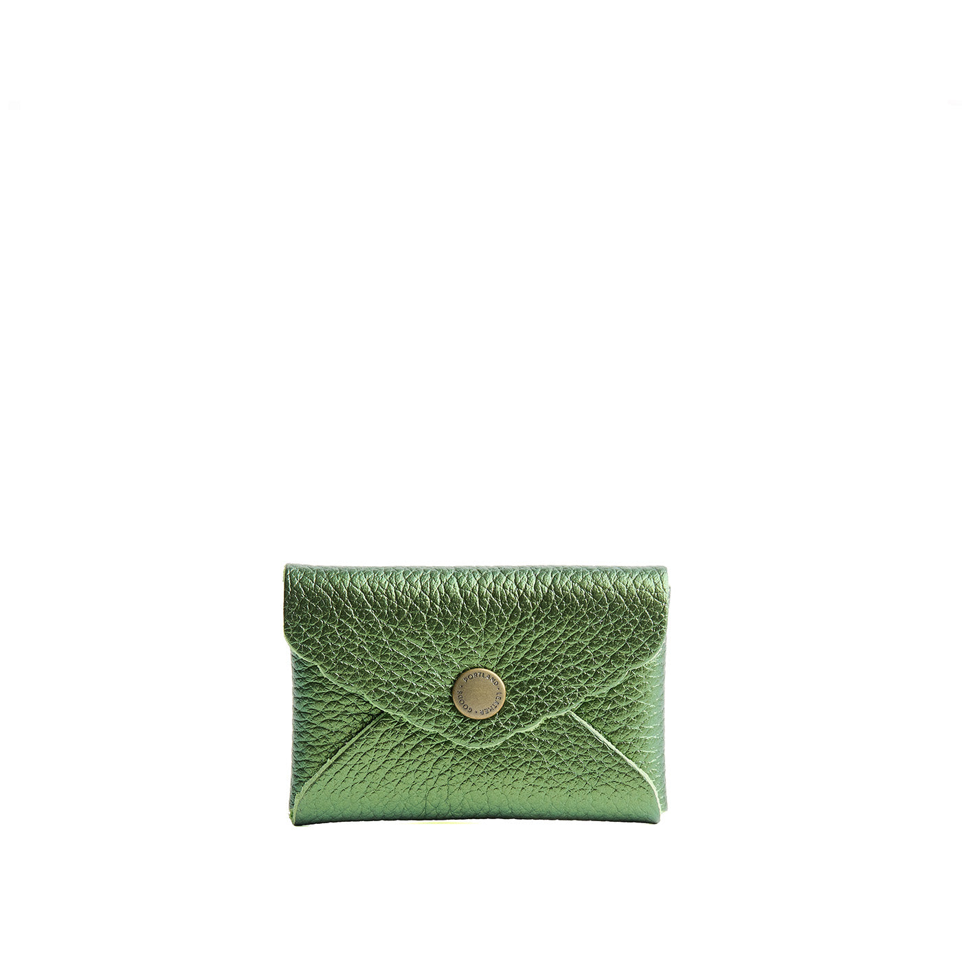Metallic Greench | Small leather card wallet with scalloped edge closed