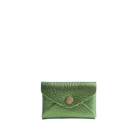 Metallic Greench | Small leather card wallet with scalloped edge closed
