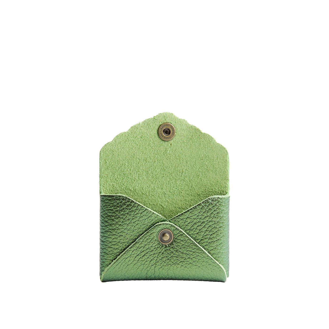 Metallic Greench | Small leather card wallet with scalloped edge open