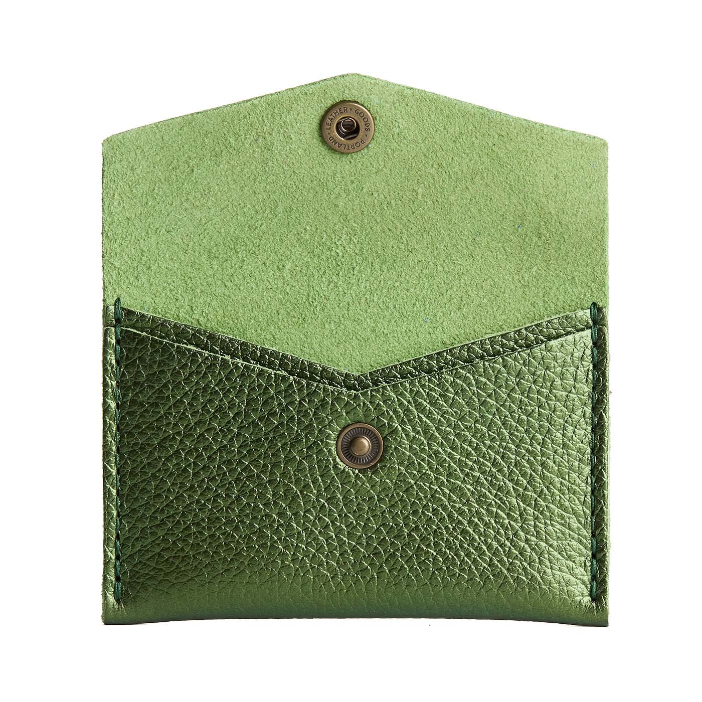 Metallic Greench | Small leather envelope card wallet with snap closure