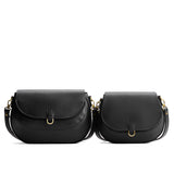 Black | Size comparison of two leather Crossbodies with a flaps and magnetic closures