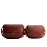 Nutmeg | Size comparison of two leather Crossbodies with a flaps and magnetic closures