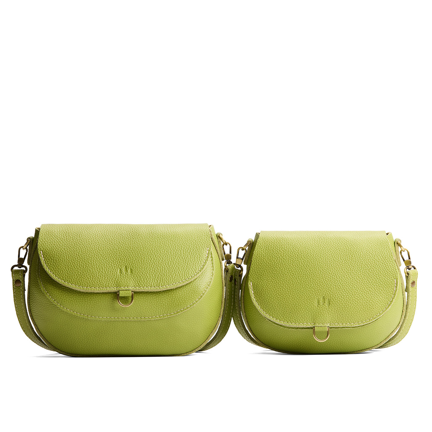 Wasabi | Size comparison of two leather Crossbodies with a flaps and magnetic closures