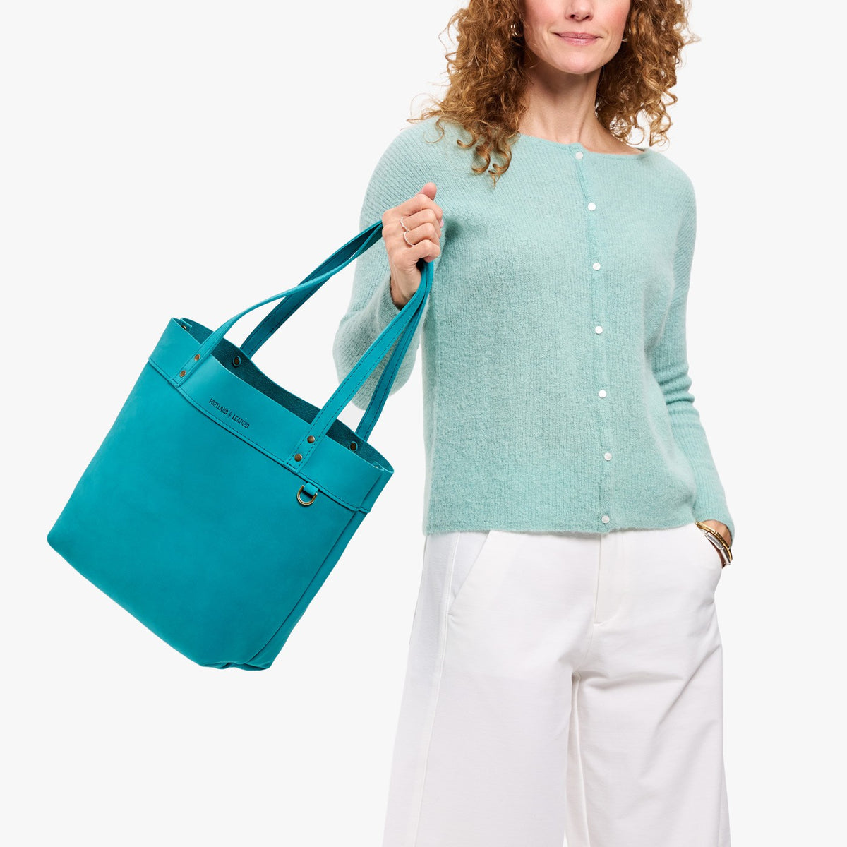 Aquamarine*Medium*Classic | Leather tote bag with riveted straps and exterior key loop