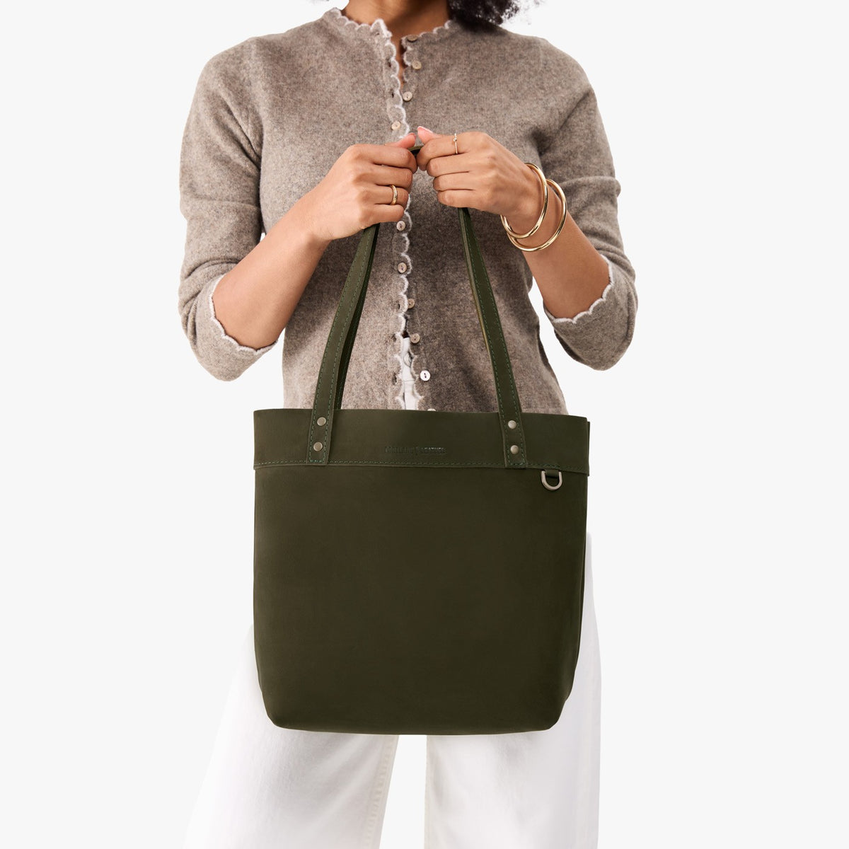 Verdant*Medium*Classic | Leather tote bag with riveted straps and exterior key loop