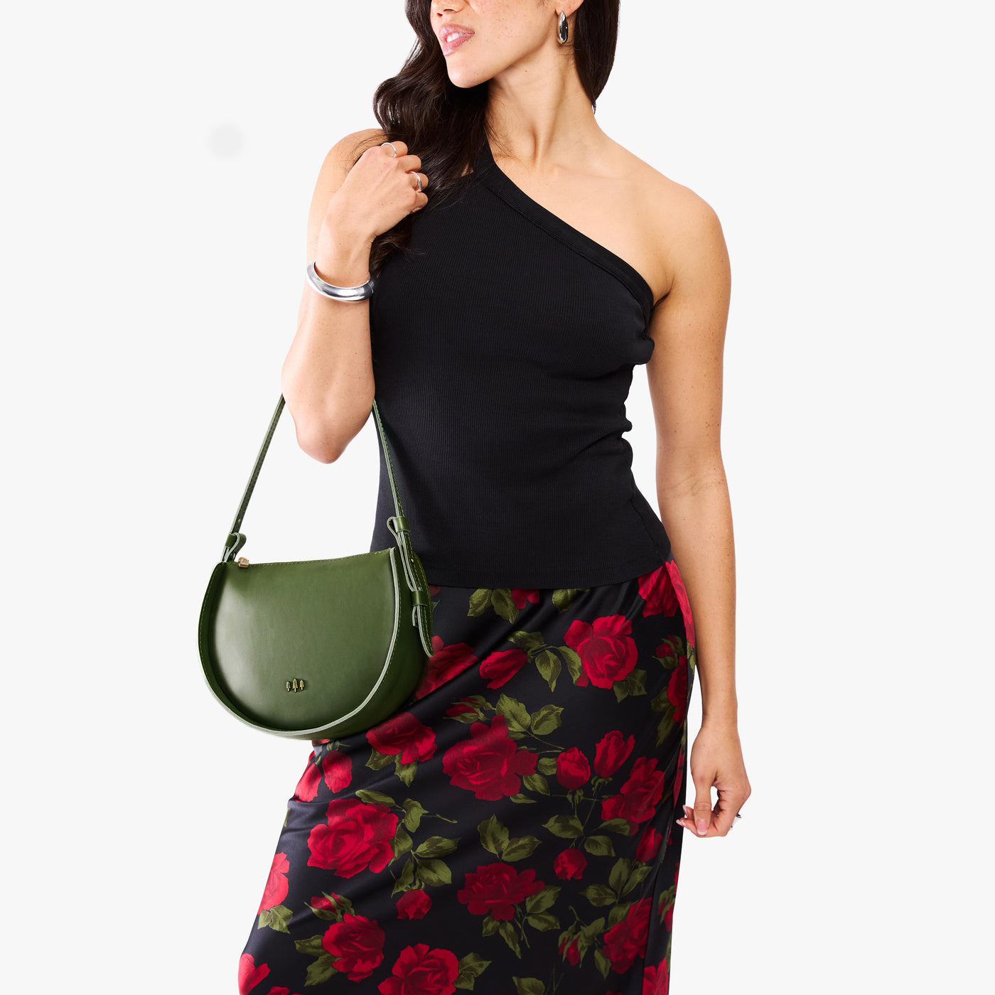 Pine | Model wearing a rounded structured shoulder bag