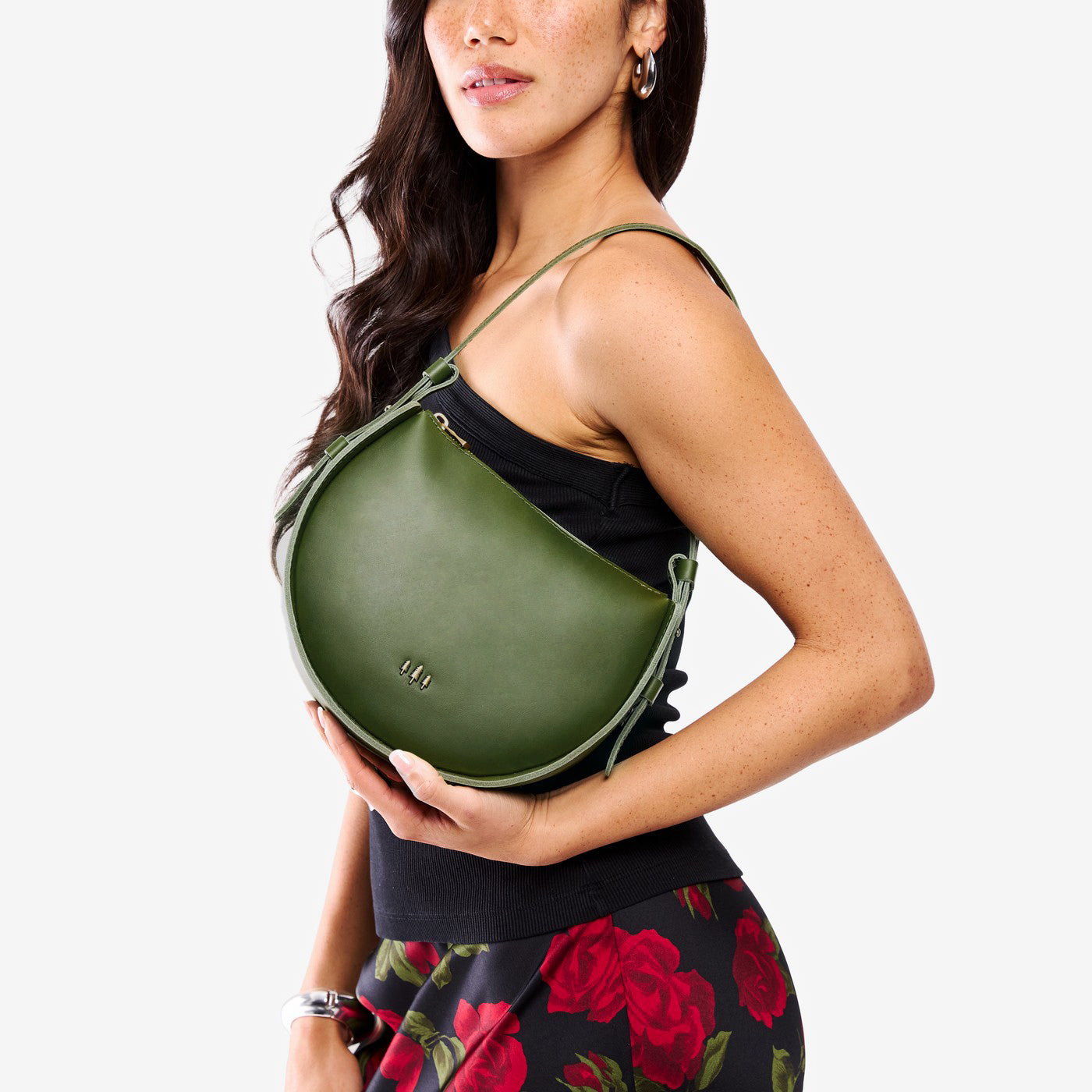 Pine | Model wearing a rounded structured shoulder bag