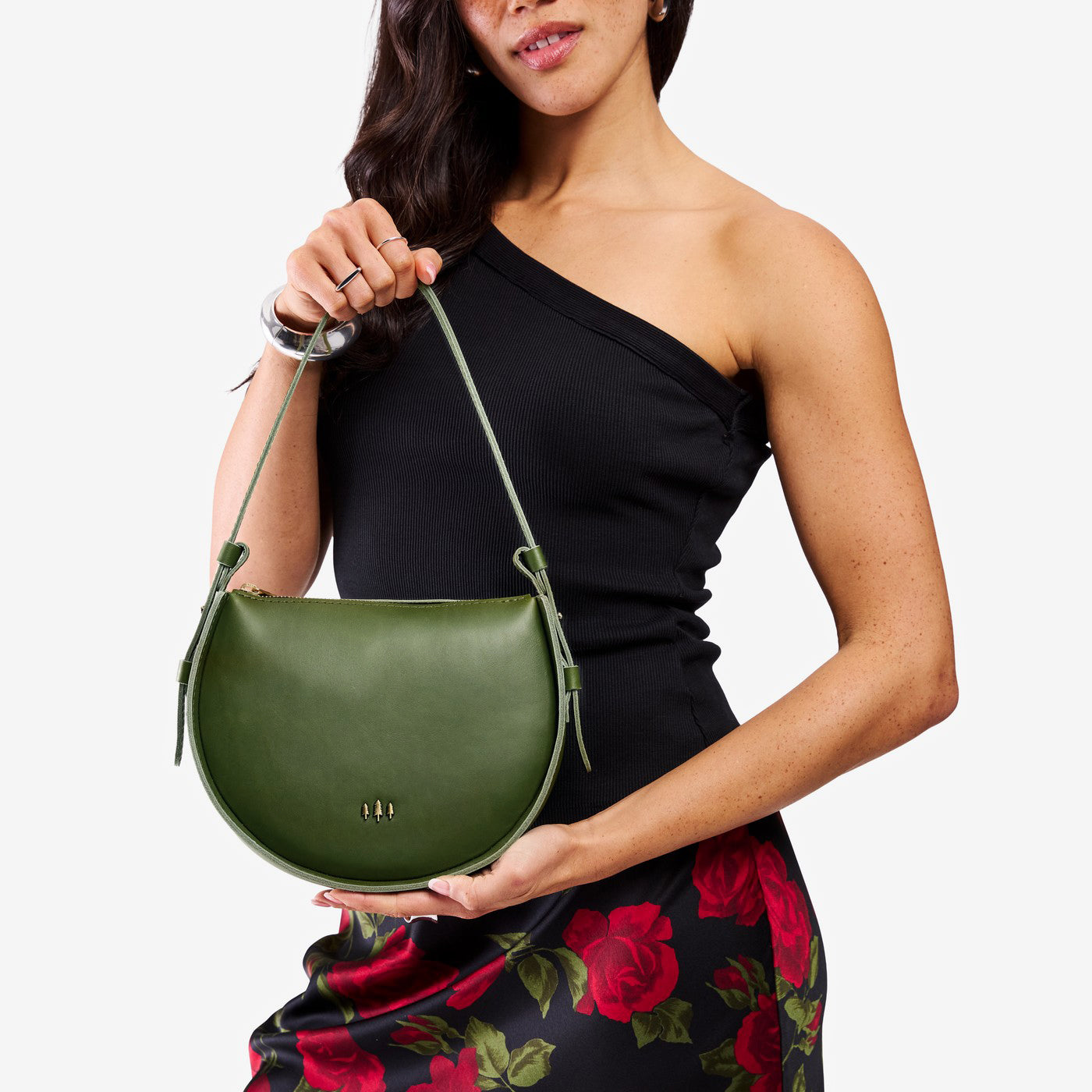 Pine | Model wearing a rounded structured shoulder bag