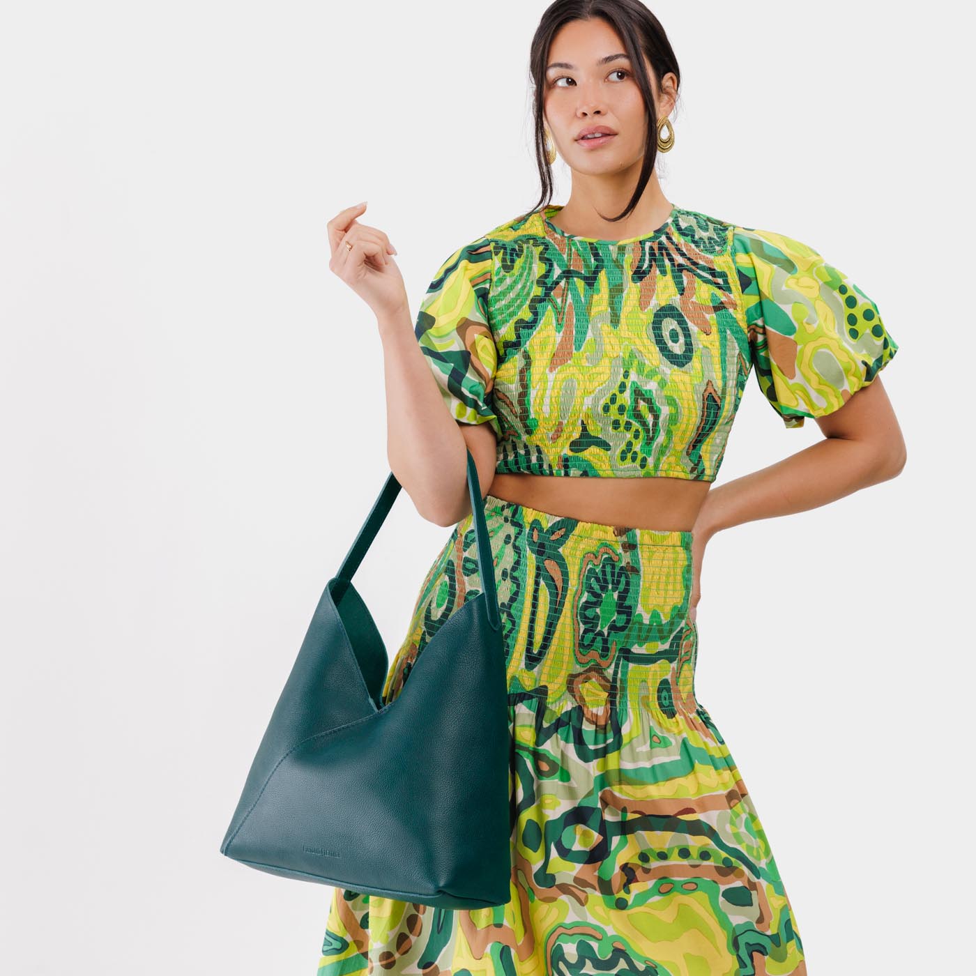 Sea Glass*Oversized | Model wearing large shoulder bag with magnetic snap closure