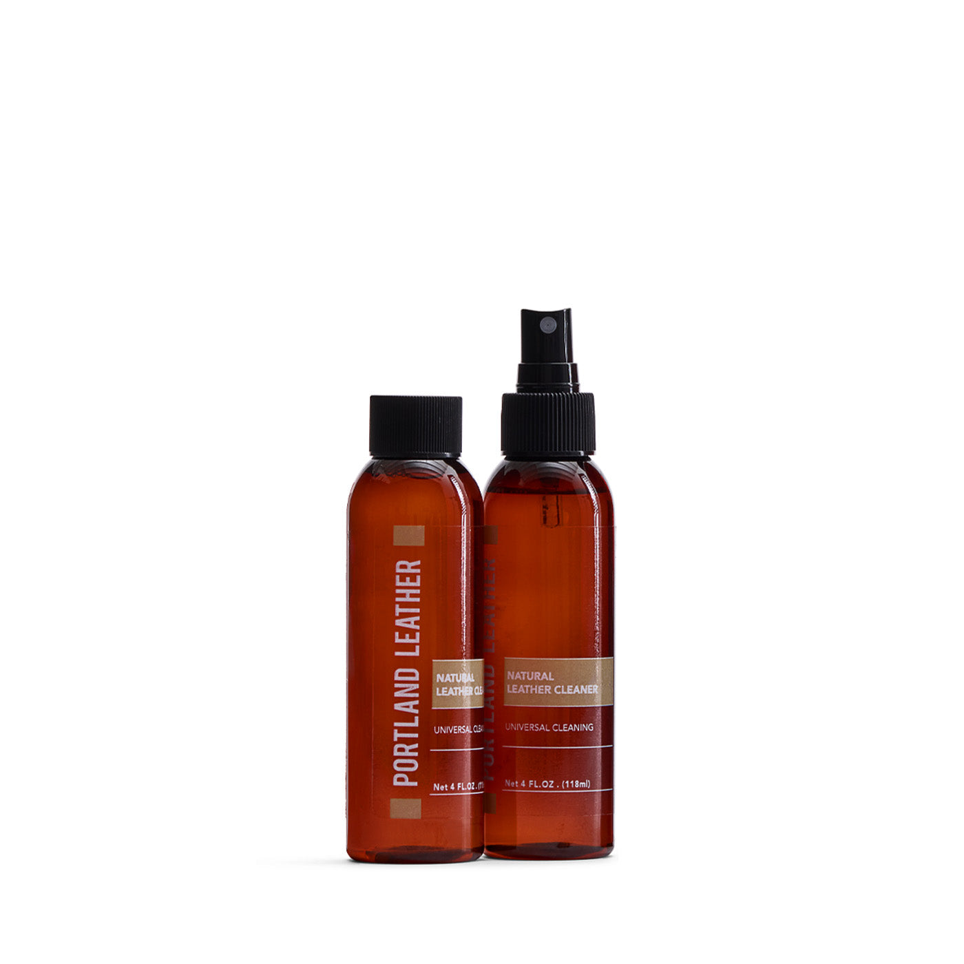 4oz | Natural Leather Care bottles shown with cap and spray nozzle in 4oz size