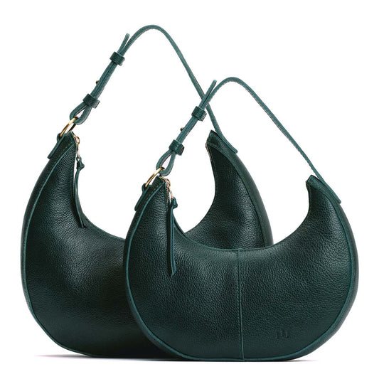 Forest Green | Crescent shaped shoulder bag with zipper closure and adjustable strap