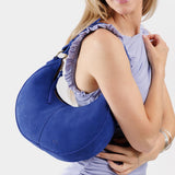 Joni Blue Classic | Crescent shaped shoulder bag with zipper closure and adjustable strap