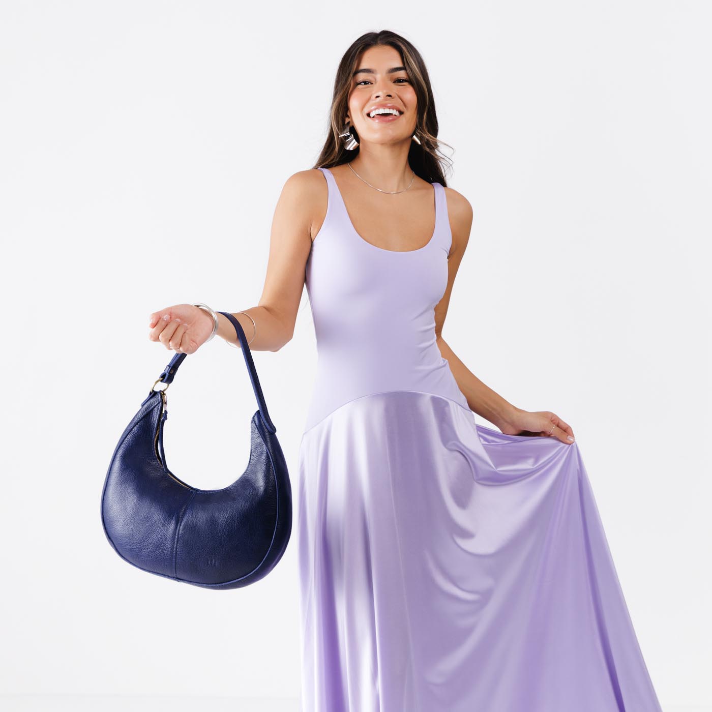 Cobalt*Large | Crescent shaped shoulder bag with zipper closure and adjustable strap