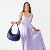 Cobalt Large | Crescent shaped shoulder bag with zipper closure and adjustable strap