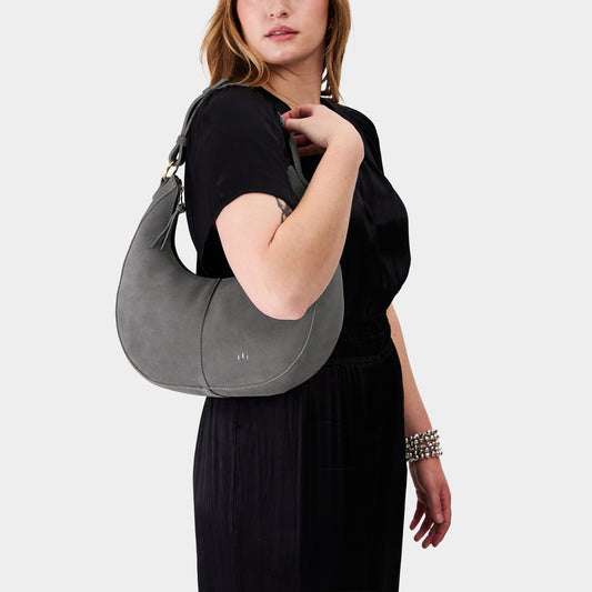 Smoke Grey*Large | Crescent shaped shoulder bag with zipper closure and adjustable strap