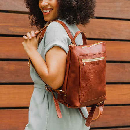Nutmeg*Small | Small square slim leather tote backpack