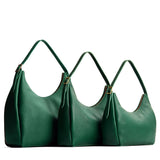 Bacalar | Size comparison image of oversized, large, and medium u-shaped, flat-bottomed leather shoulder bags with adjustable strap