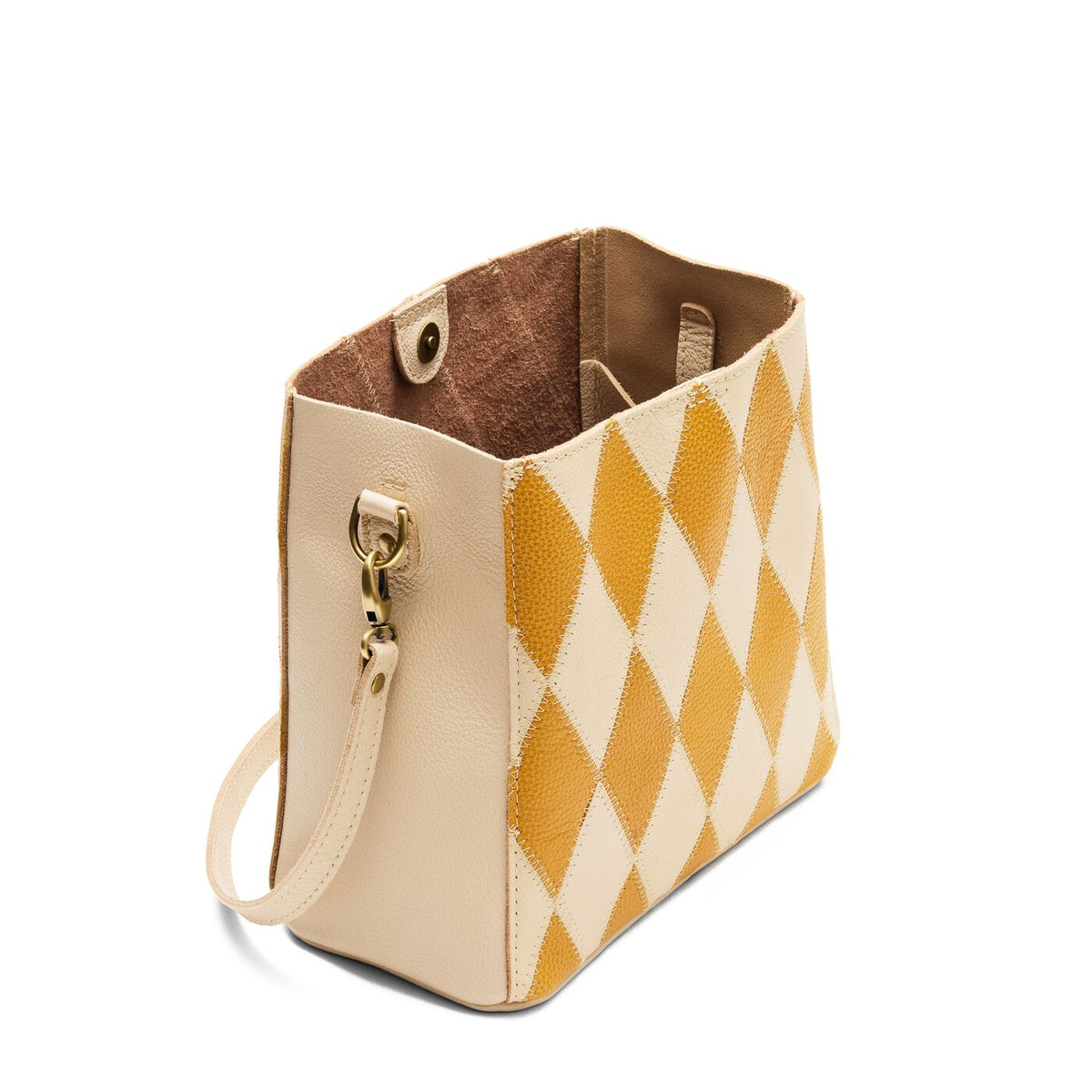 Sun Glaze | Symmetrical bucket bag with latch closure and removable crossbody strap
