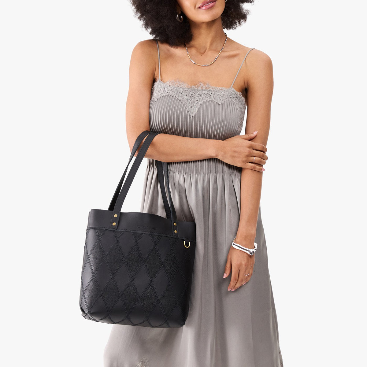Graphite*Medium*Classic | Leather tote bag with riveted straps and exterior key loop