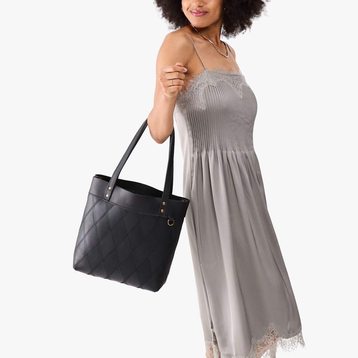 Graphite*Medium*Classic | Leather tote bag with riveted straps and exterior key loop