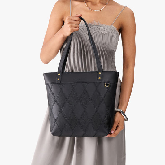 Graphite*Medium*Zipper | Leather tote bag with riveted straps and exterior key loop