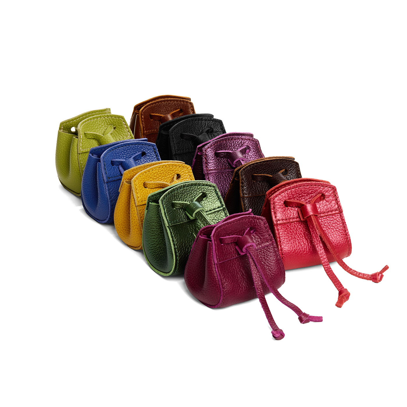 All Variants | Group image of ten leather pouches with drawstring closure and swivel clasp attachment