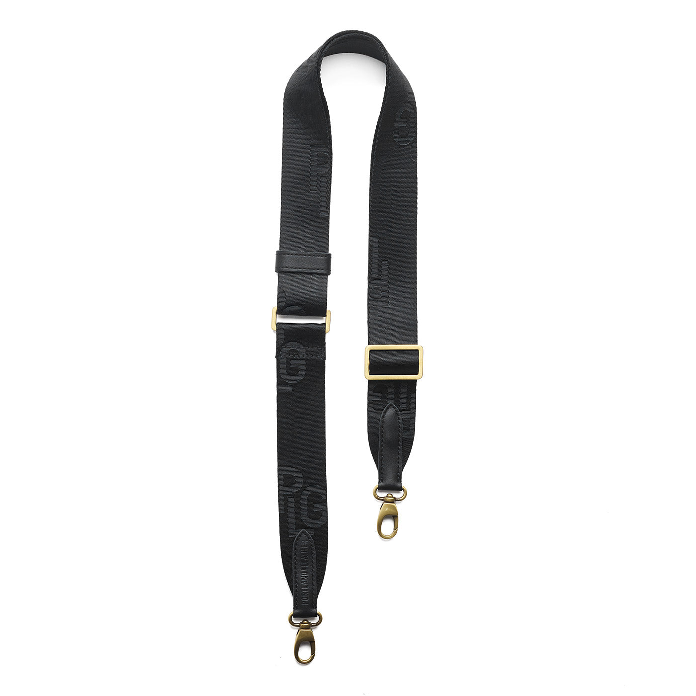 Black | Black strap with repeating PLG letter pattern and brass-toned hardware