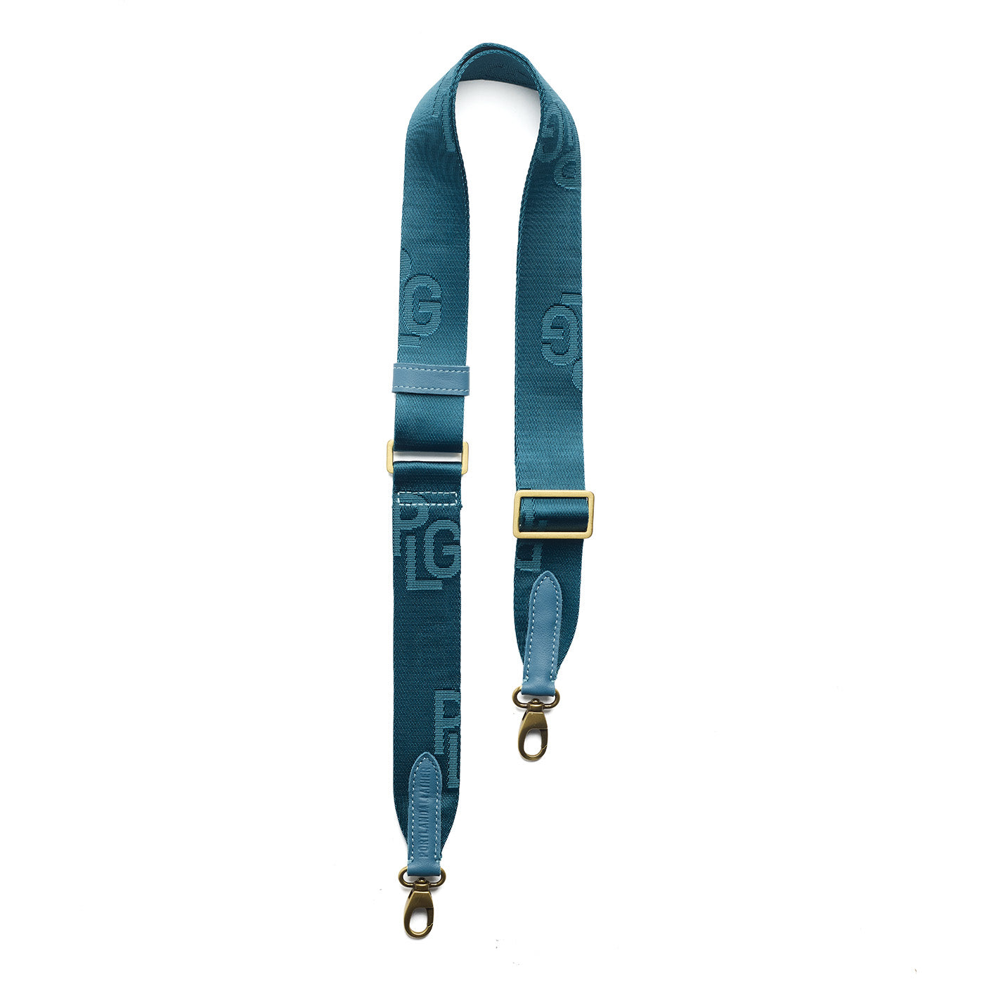 Blue Lagoon | Blue strap with repeating PLG letter pattern and brass-toned hardware