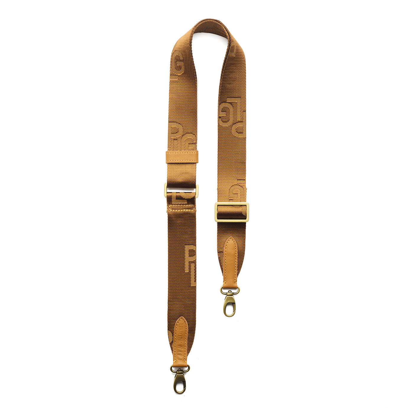 Maple | Yellow strap with repeating PLG letter pattern and brass-toned hardware