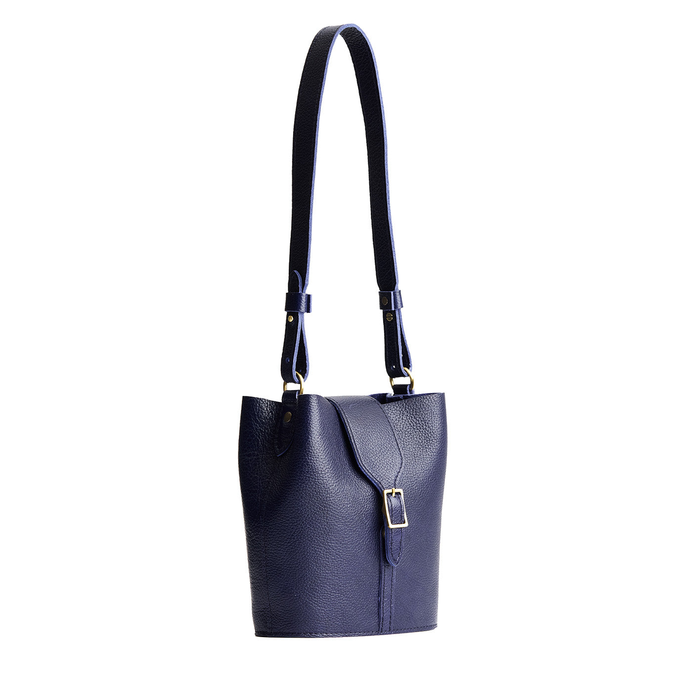 Cobalt | Leather bucket shoulder bag with adjustable strap and magnetic closure on a white background