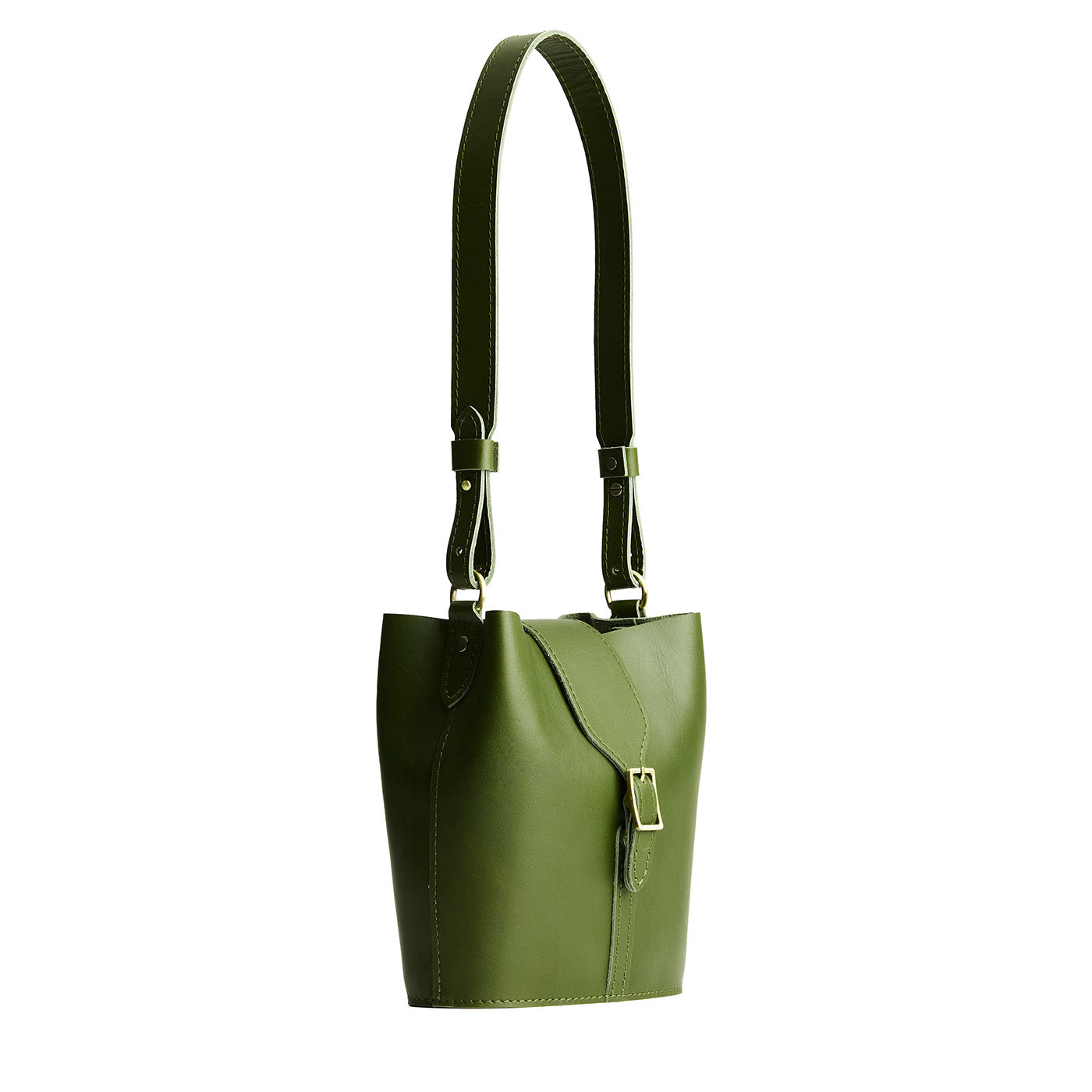 Pine | Leather bucket shoulder bag with adjustable strap and magnetic closure on a white background