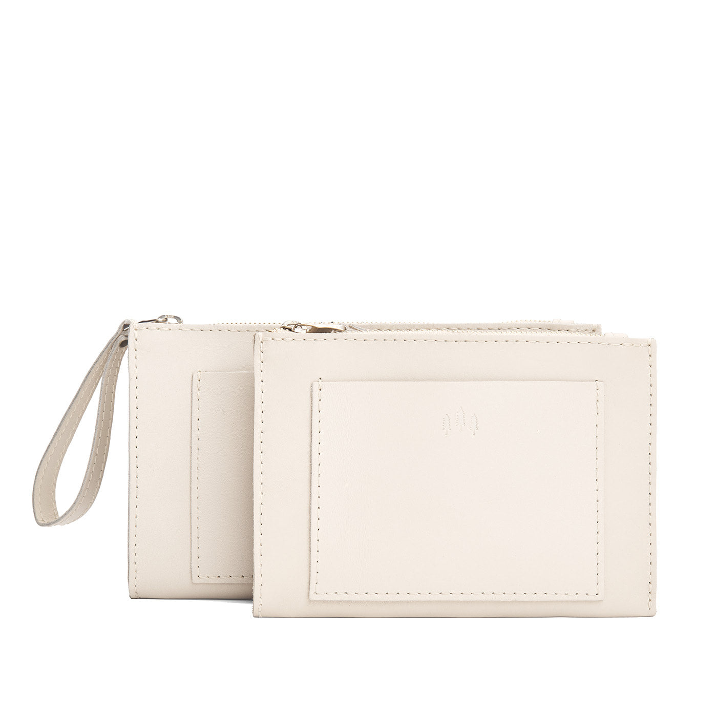 Bone | Size comparison of both wristlet pouch with front pocket and zipper closure