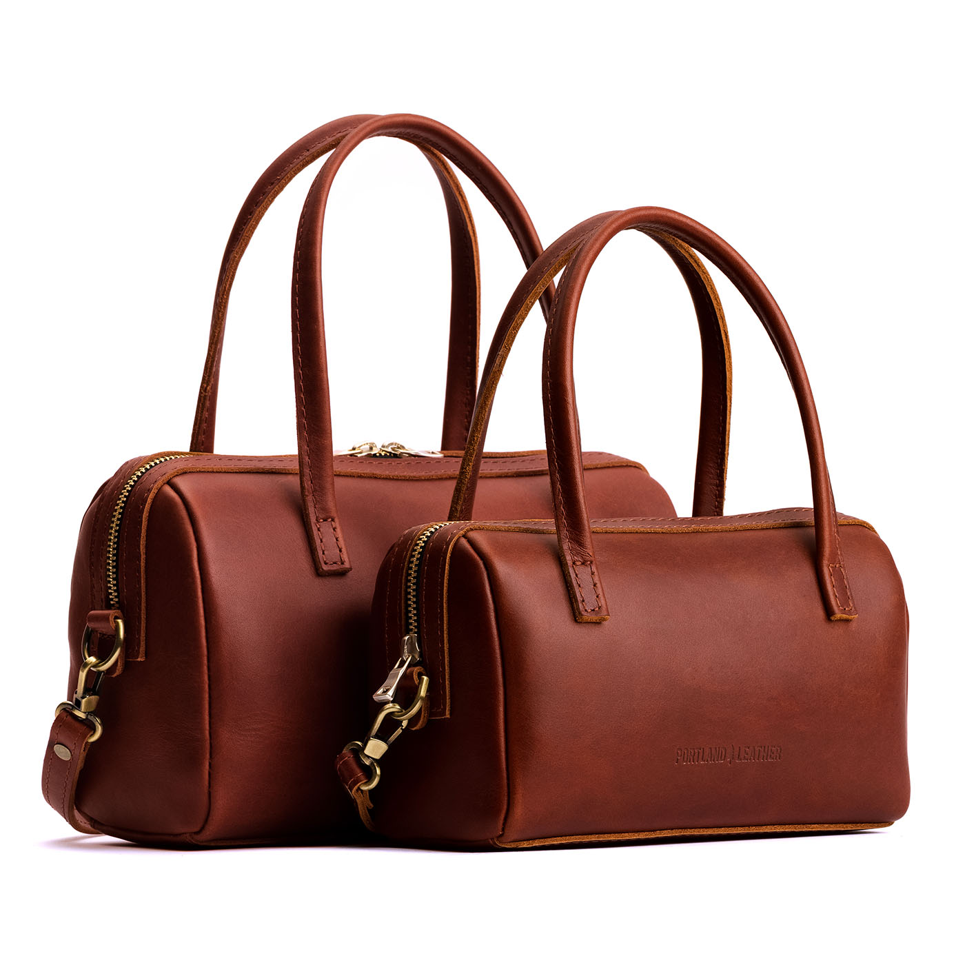 Chestnut*Large | Two sizes of mini duffle shaped handbag with crossbody strap