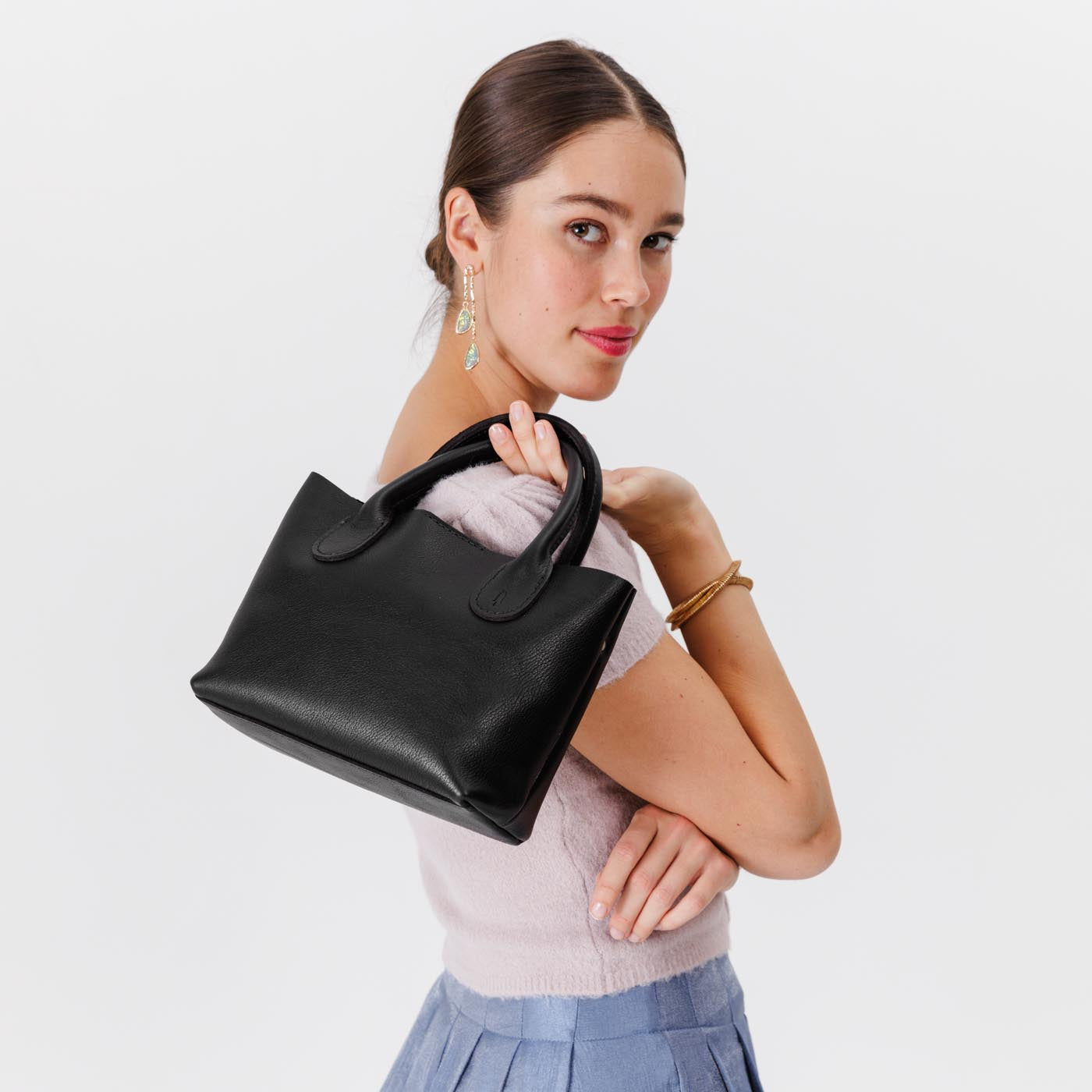 Pebbled--black*Small | Petite tote purse with structured leather handles and crossbody strap
