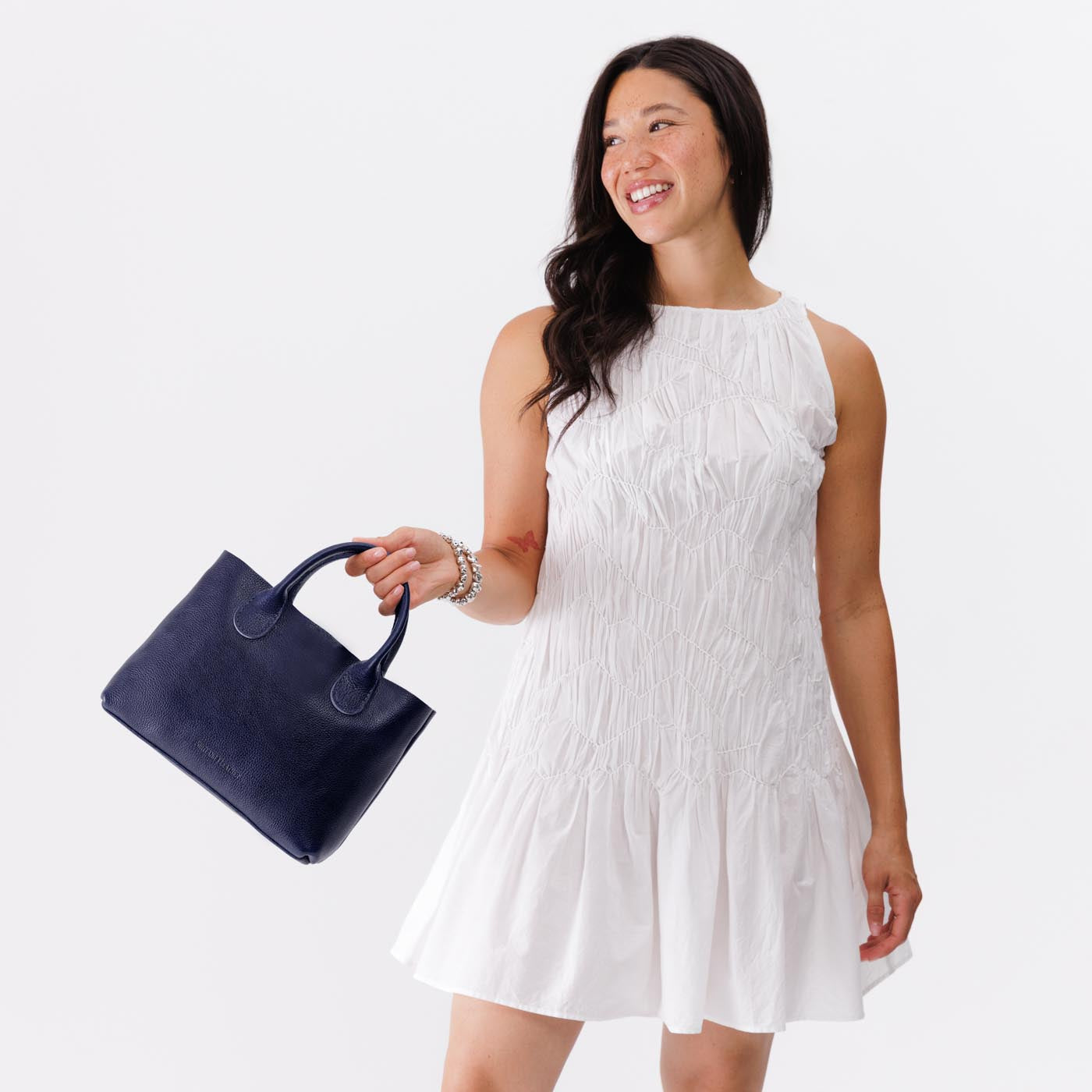 Cobalt*Large | Mid-size tote purse with structured leather handles and crossbody strap