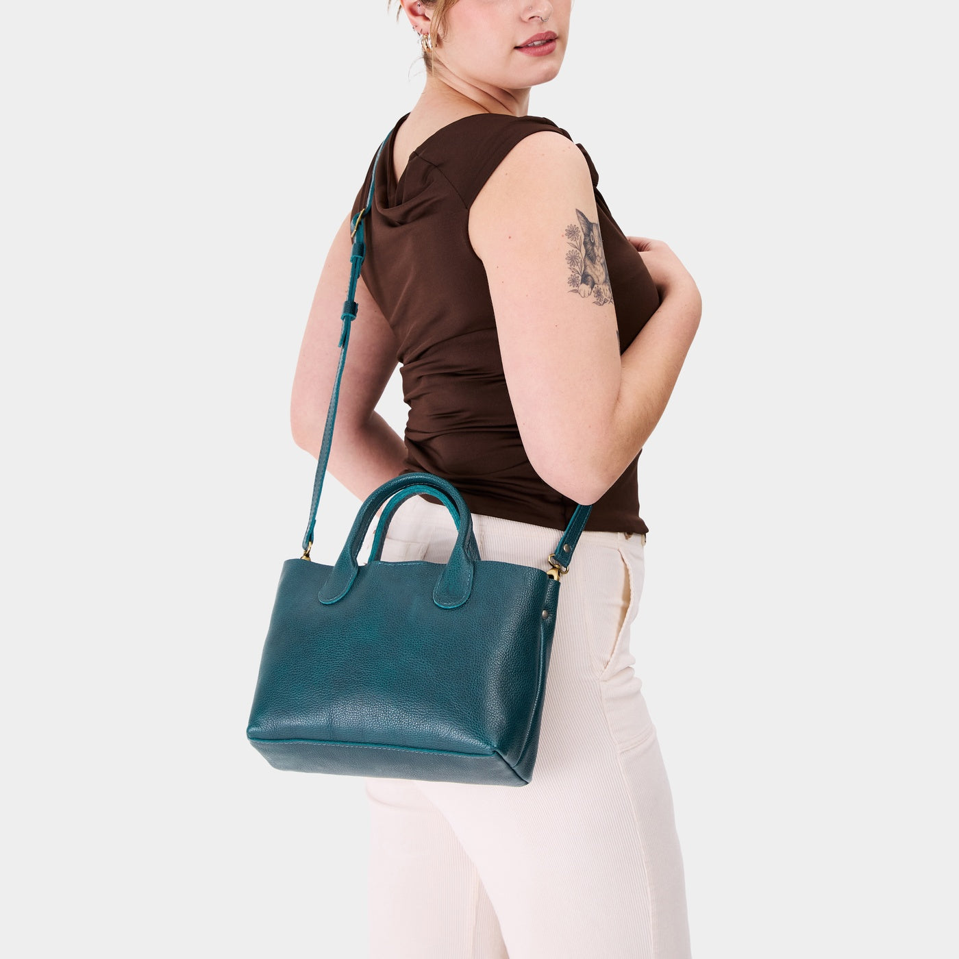 Lagoon*Large | Mid-size tote purse with  structured leather handles and crossbody strap