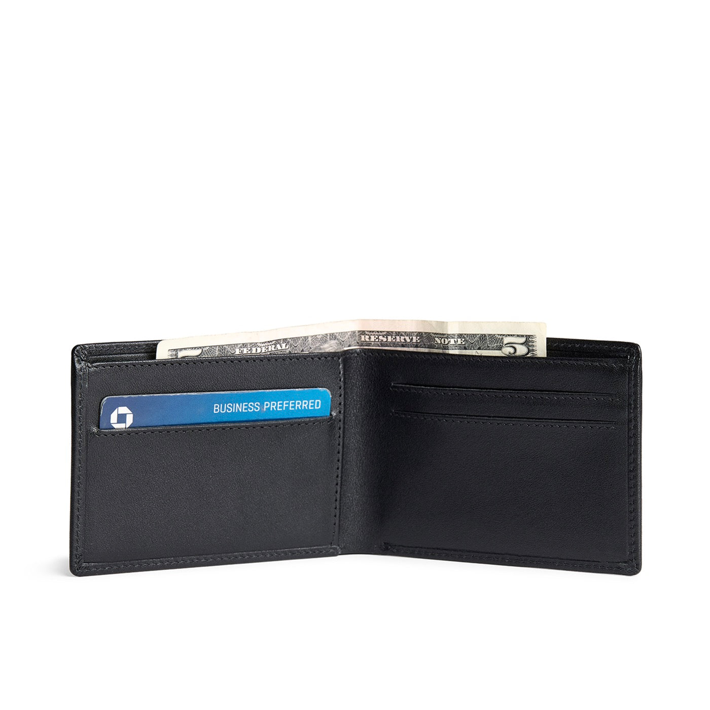 Black Rock | Bifold leather wallet with card slots open with card and cash inside