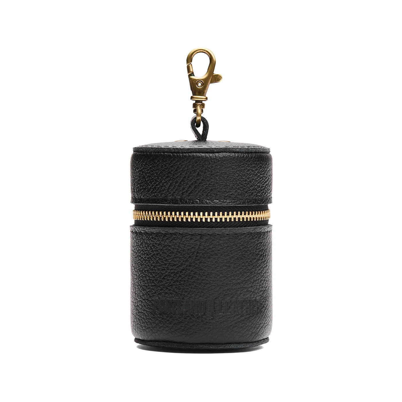 Pebbled--black | Cylindrical shaped pouch with a gold zipper and swivel lobster claw clasp