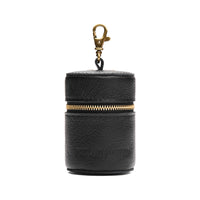 Pebbled--black | Cylindrical shaped pouch with a gold zipper and swivel lobster claw clasp