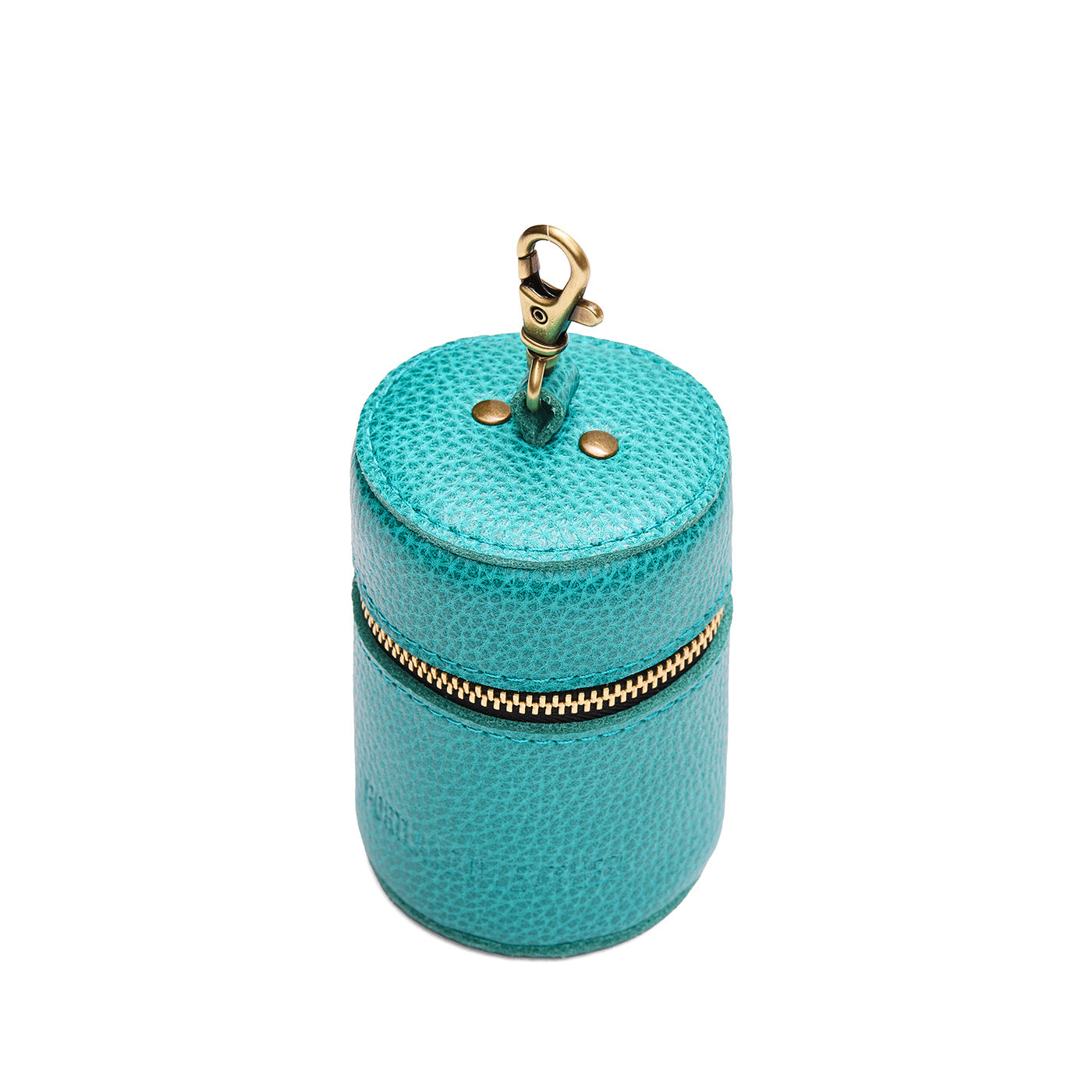 Seafoam | Cylindrical shaped pouch with a gold zipper and swivel lobster claw clasp