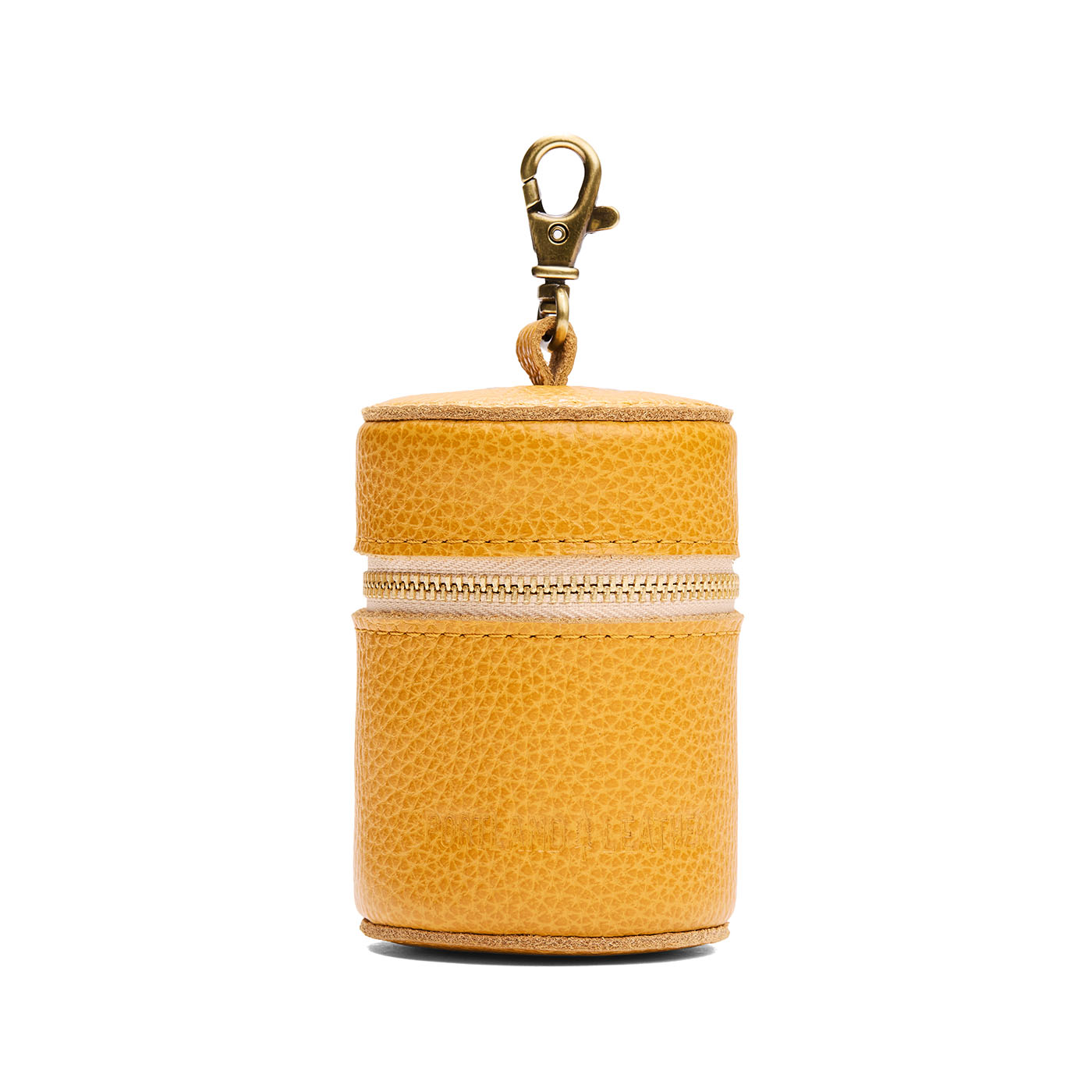 Sunshine | Cylindrical shaped pouch with a gold zipper and swivel lobster claw clasp