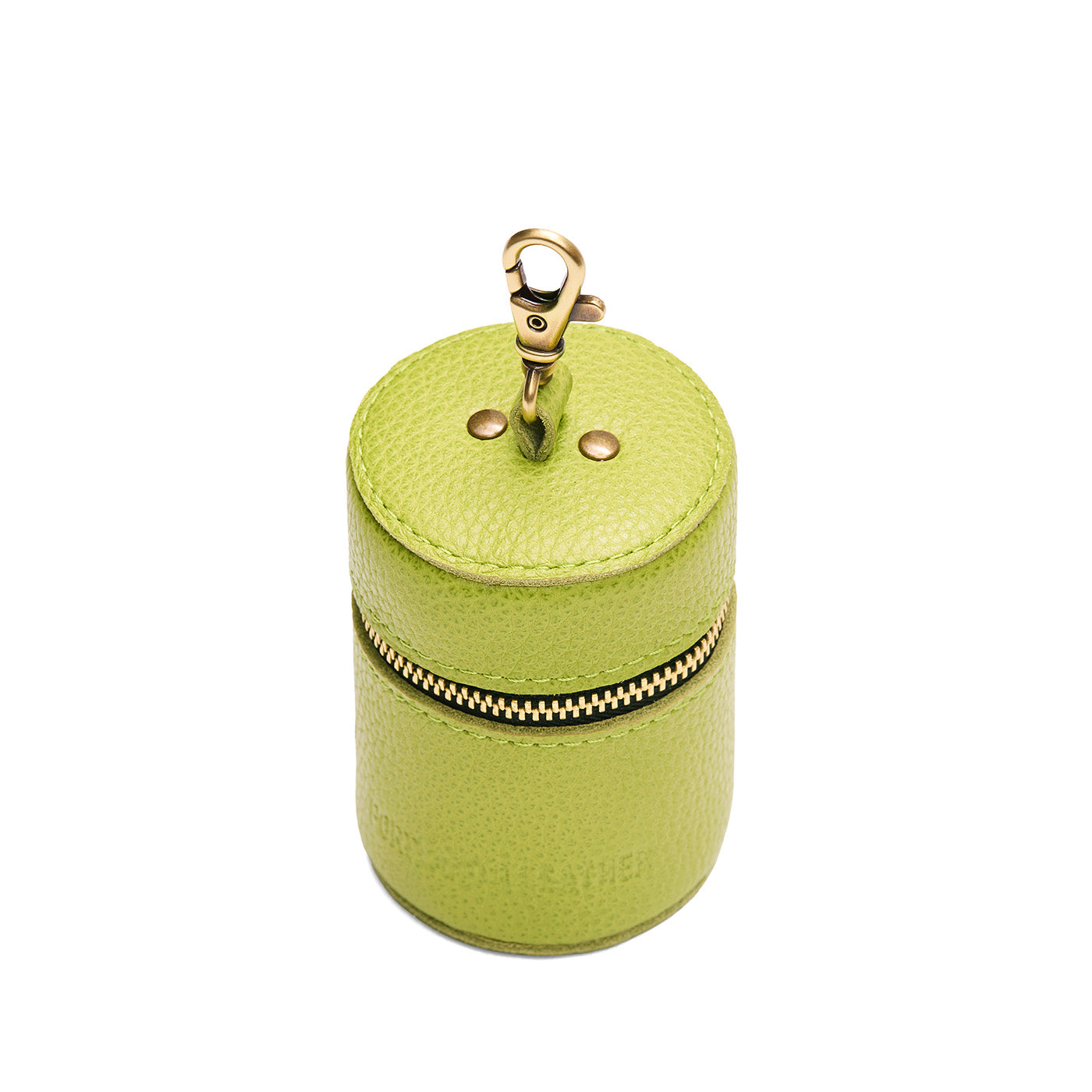 Wasabi | Cylindrical shaped pouch with a gold zipper and swivel lobster claw clasp