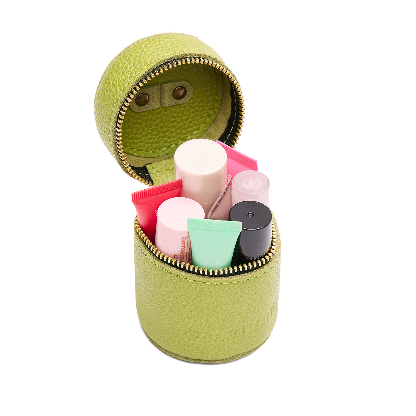 Wasabi | Cylindrical shaped pouch with a gold zipper and swivel lobster claw clasp